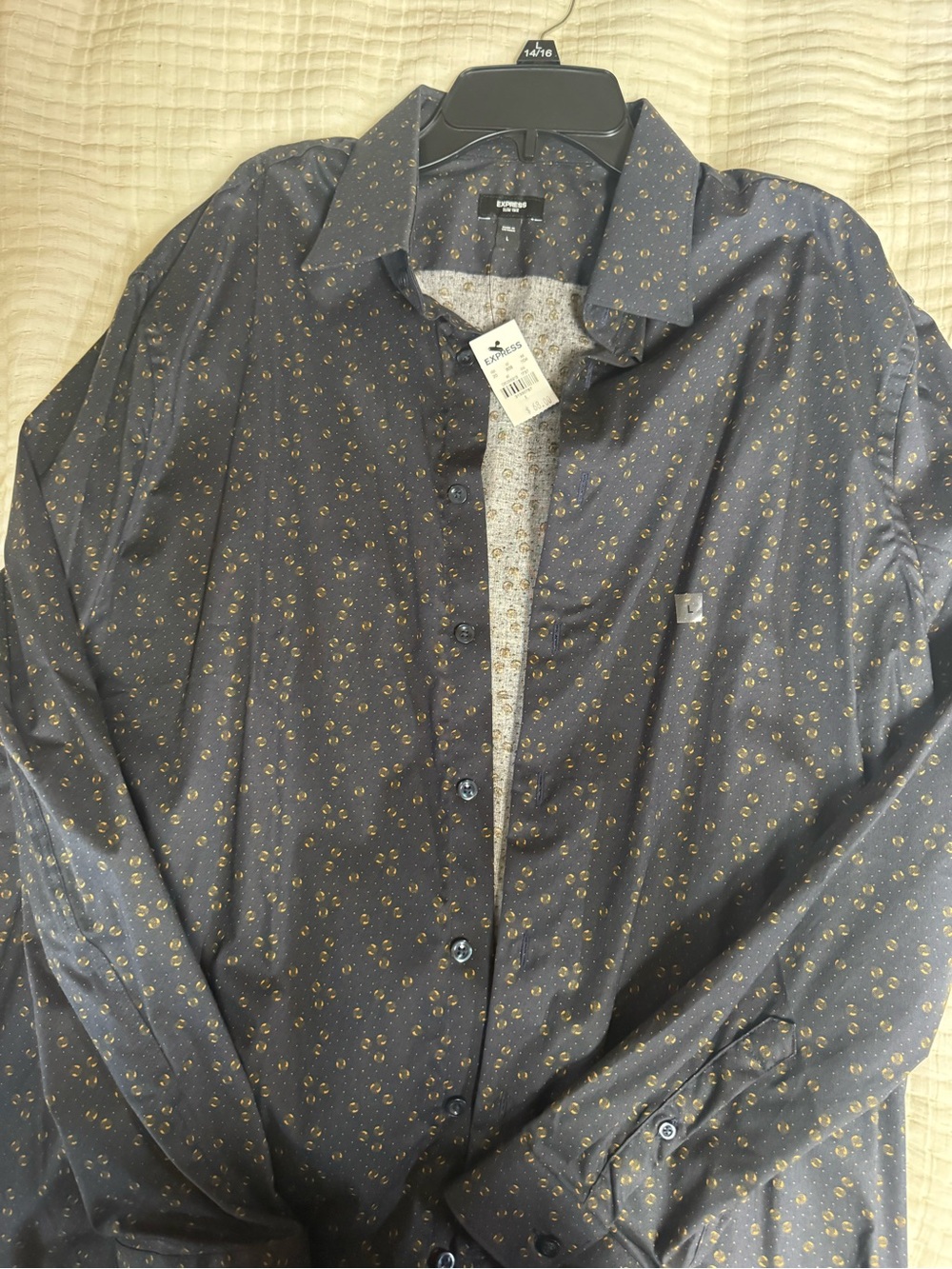 NWT Men’s large Express Men's Black Button-Down Shirt with Gold Micro Print